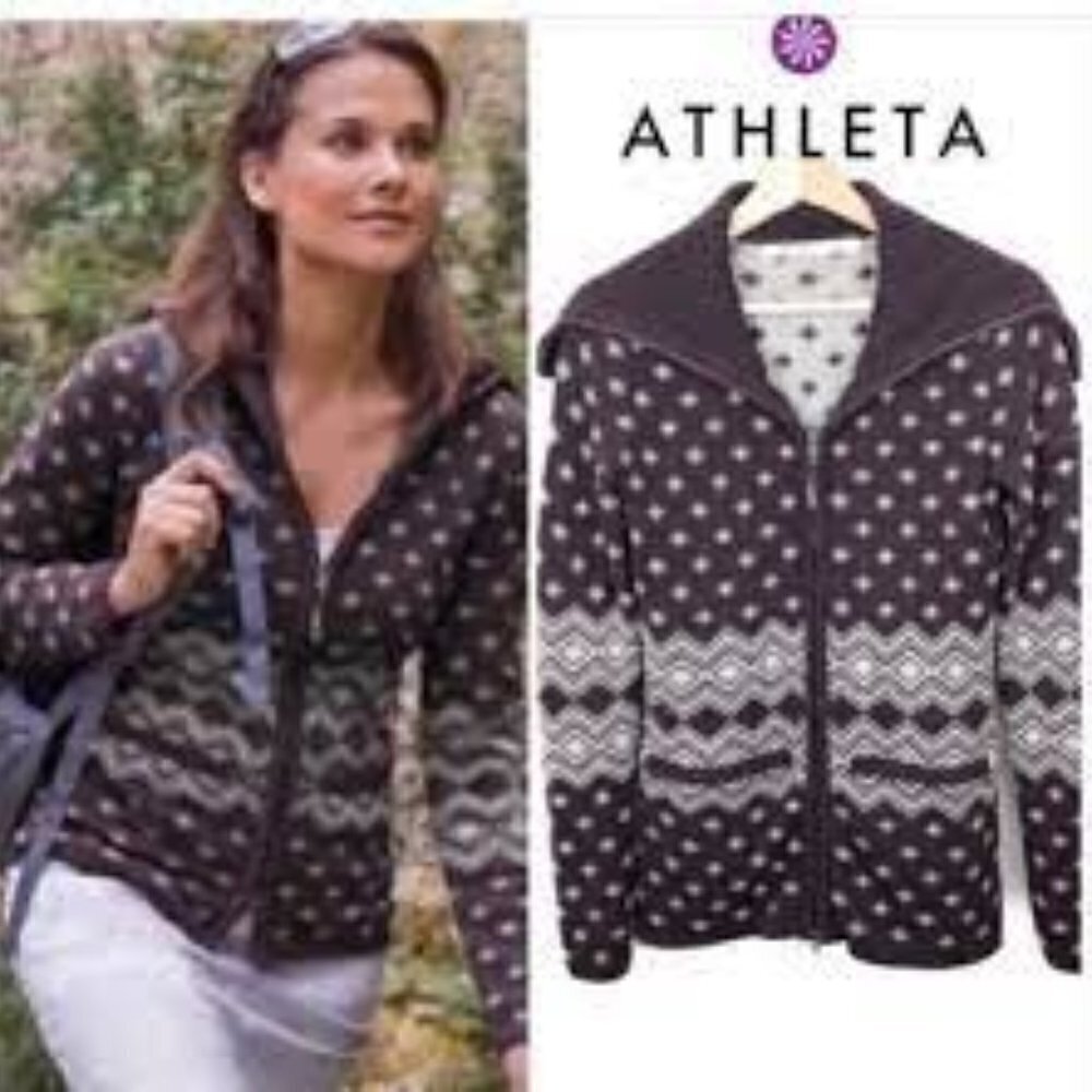 Athleta Purple and White Fair Isle Teton Wool Blend Full Zip Sweater M